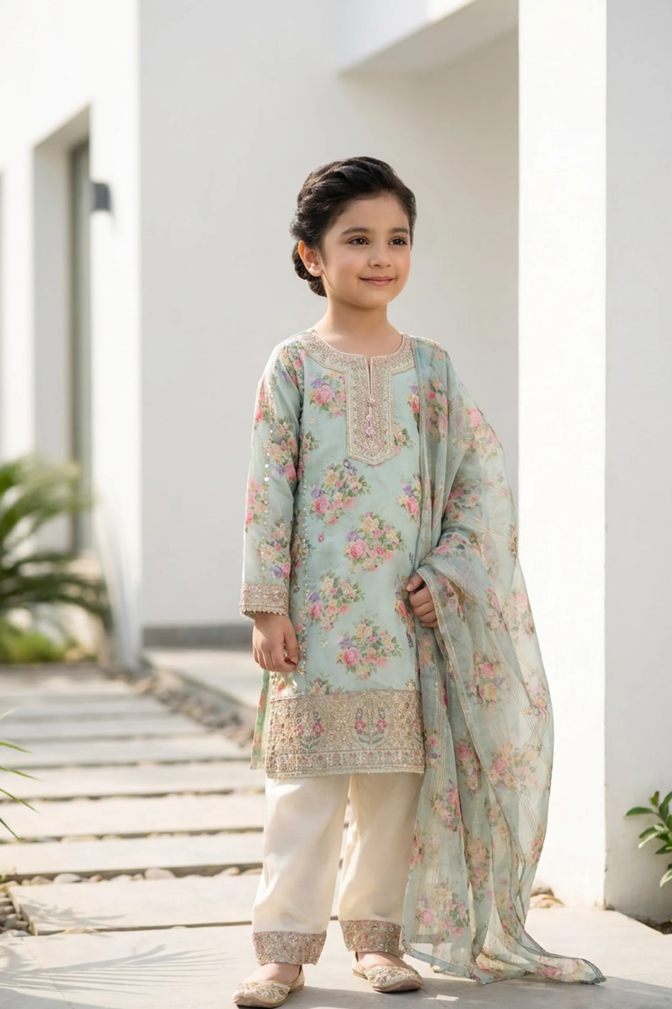 Motif Girls Raw Silk Embroidered suit-687