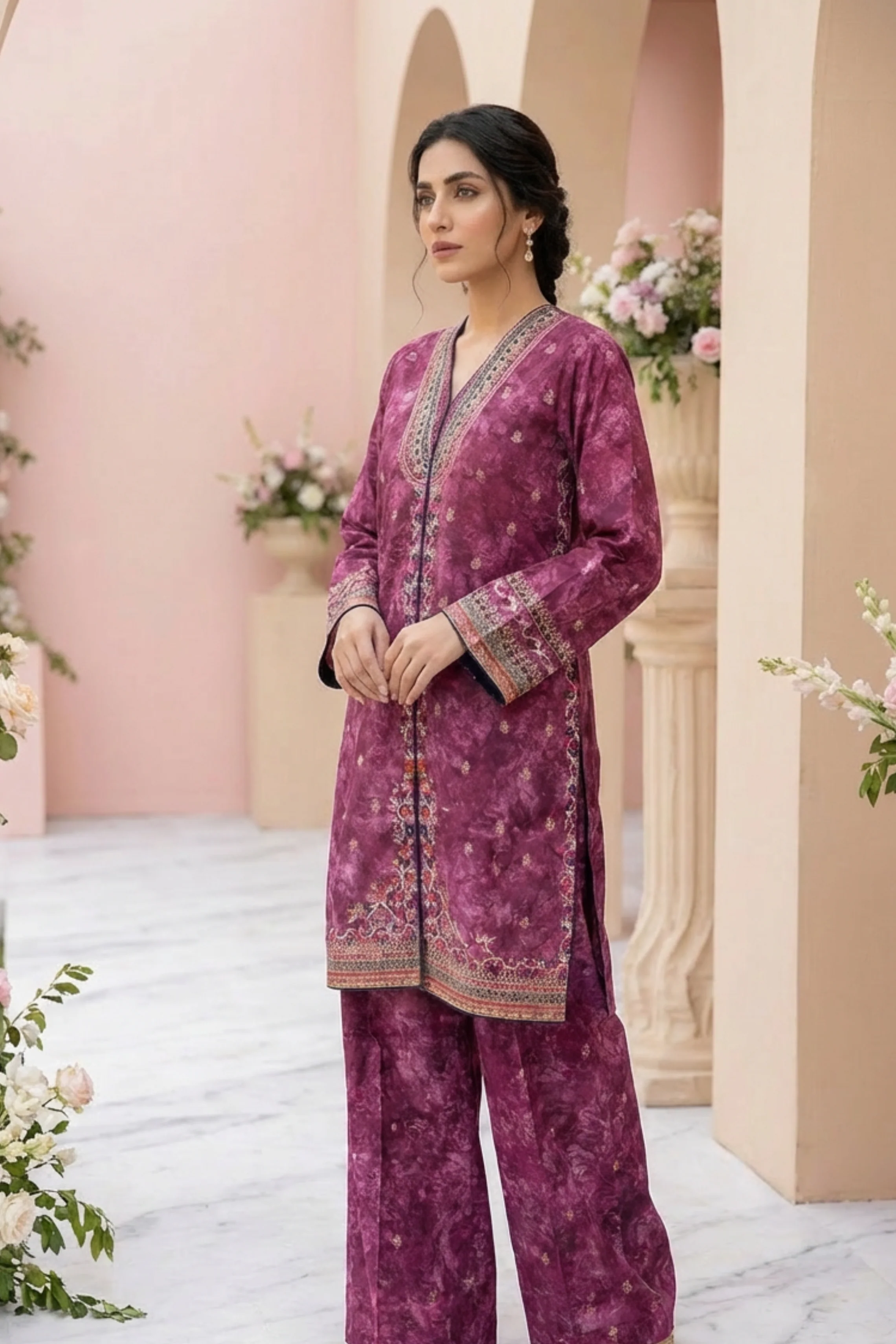 Motif Printed Embroidered Raw Silk Suit-230 - Image 3