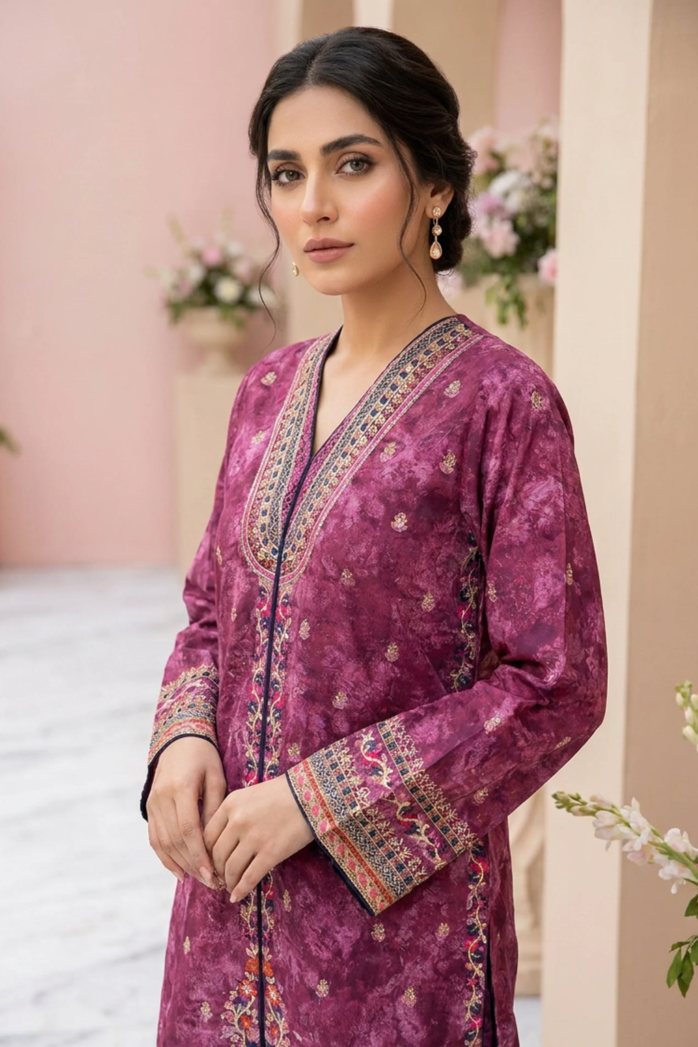 Motif Printed Embroidered Raw Silk Suit-230 - Image 4