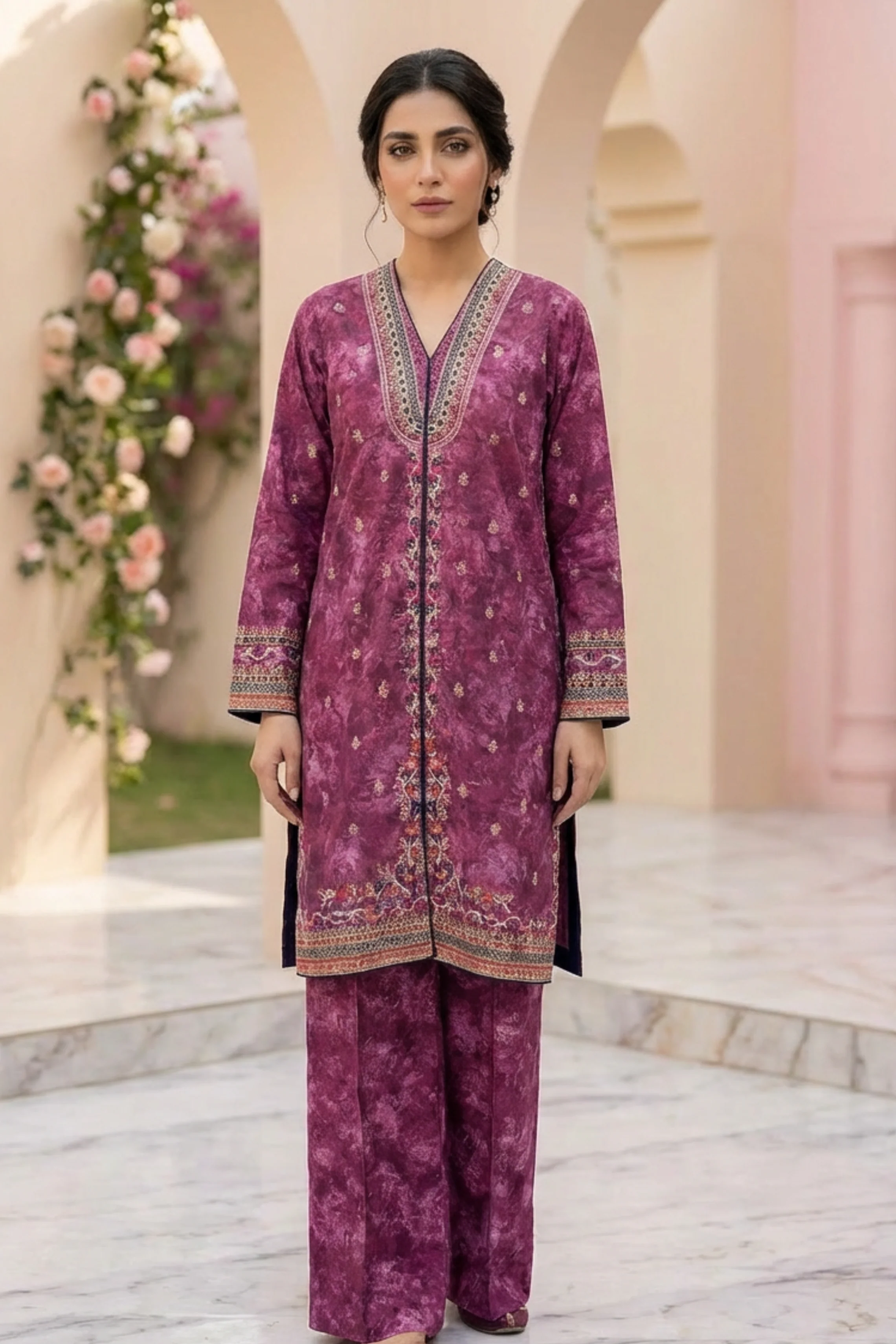 Motif Printed Embroidered Raw Silk Suit-230 - Image 5