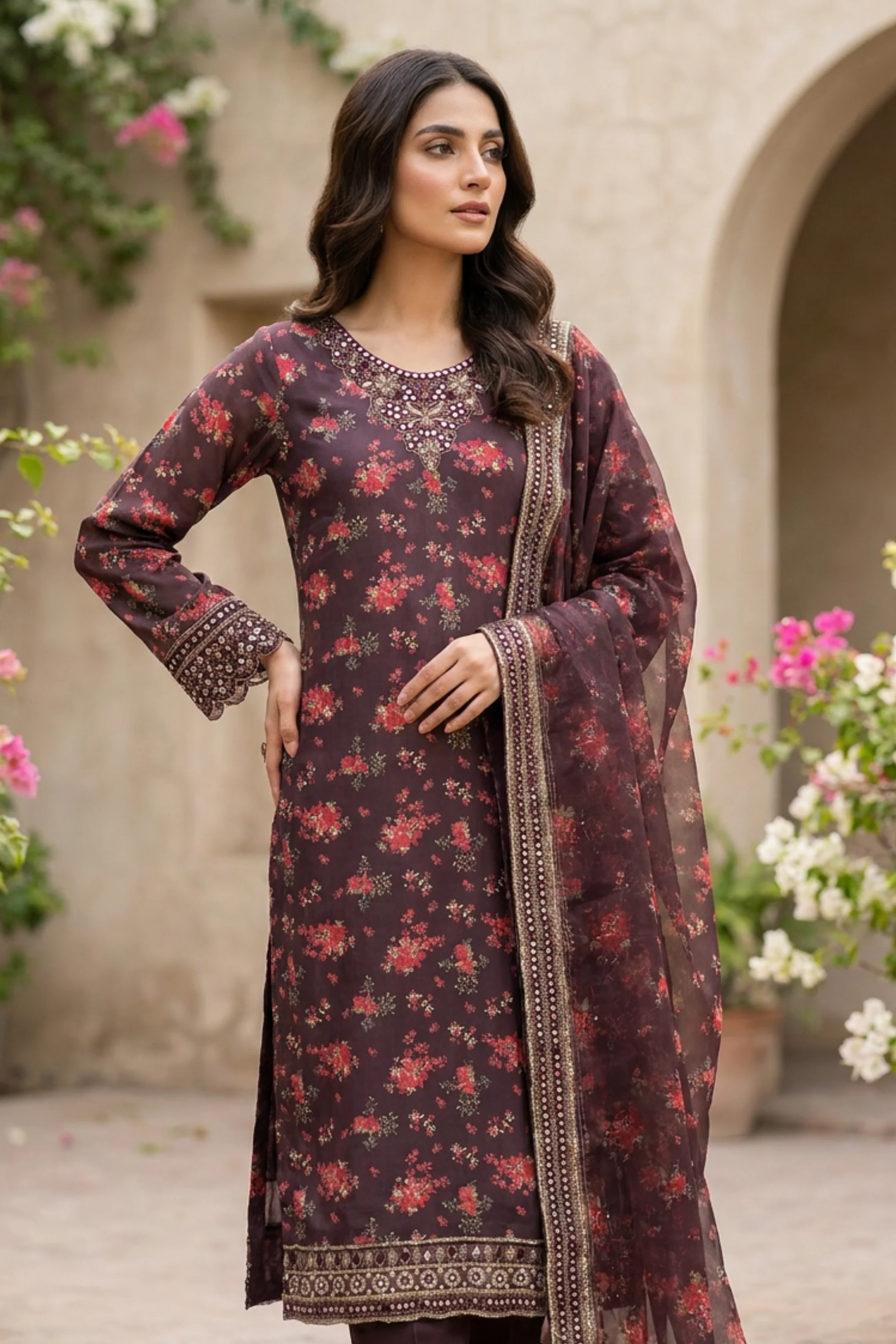 Motif Printed Raw Silk Suit-4114 - Image 3