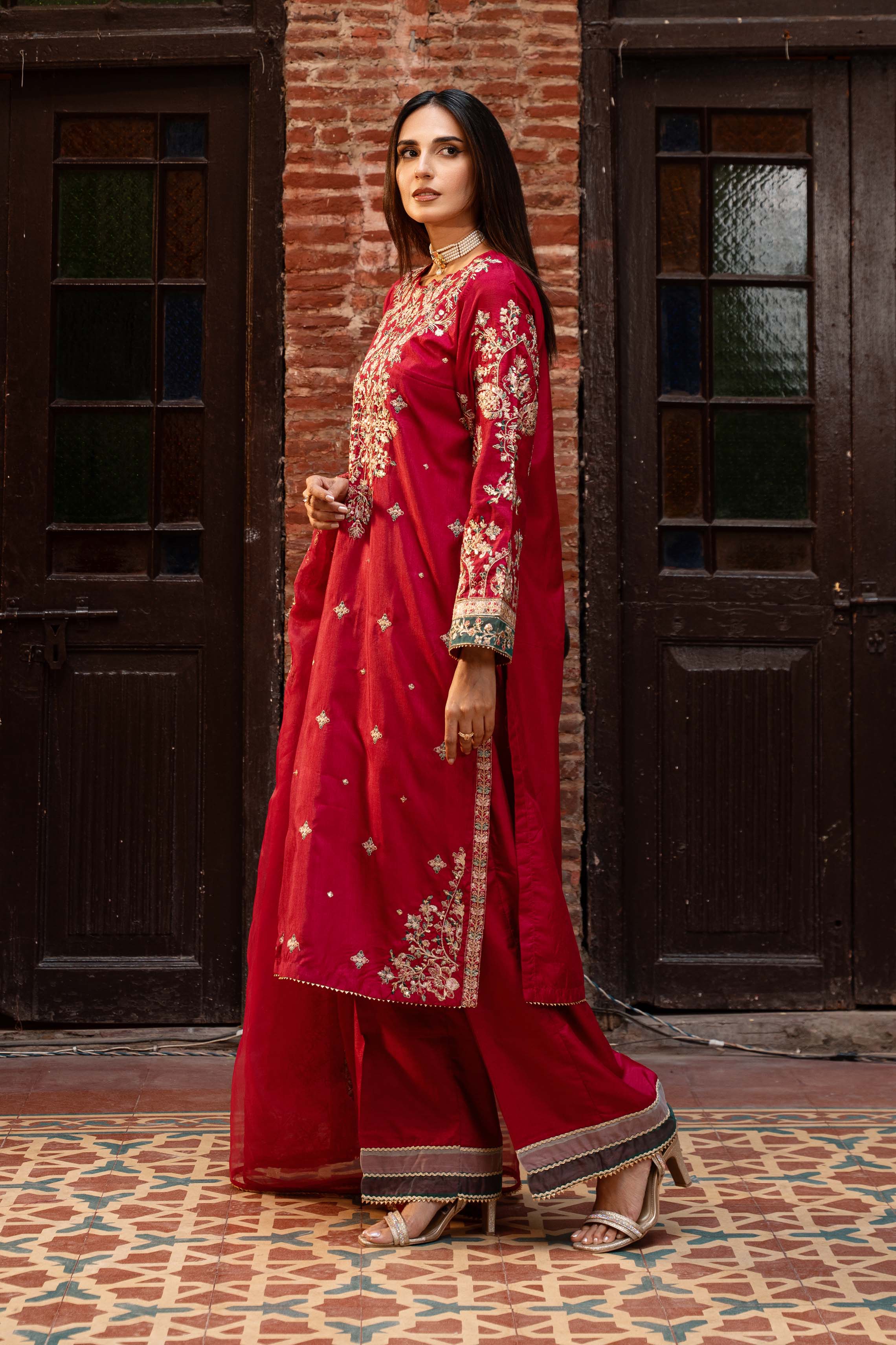 Motif Raw Silk Embroidered Suit-3461 - Image 3
