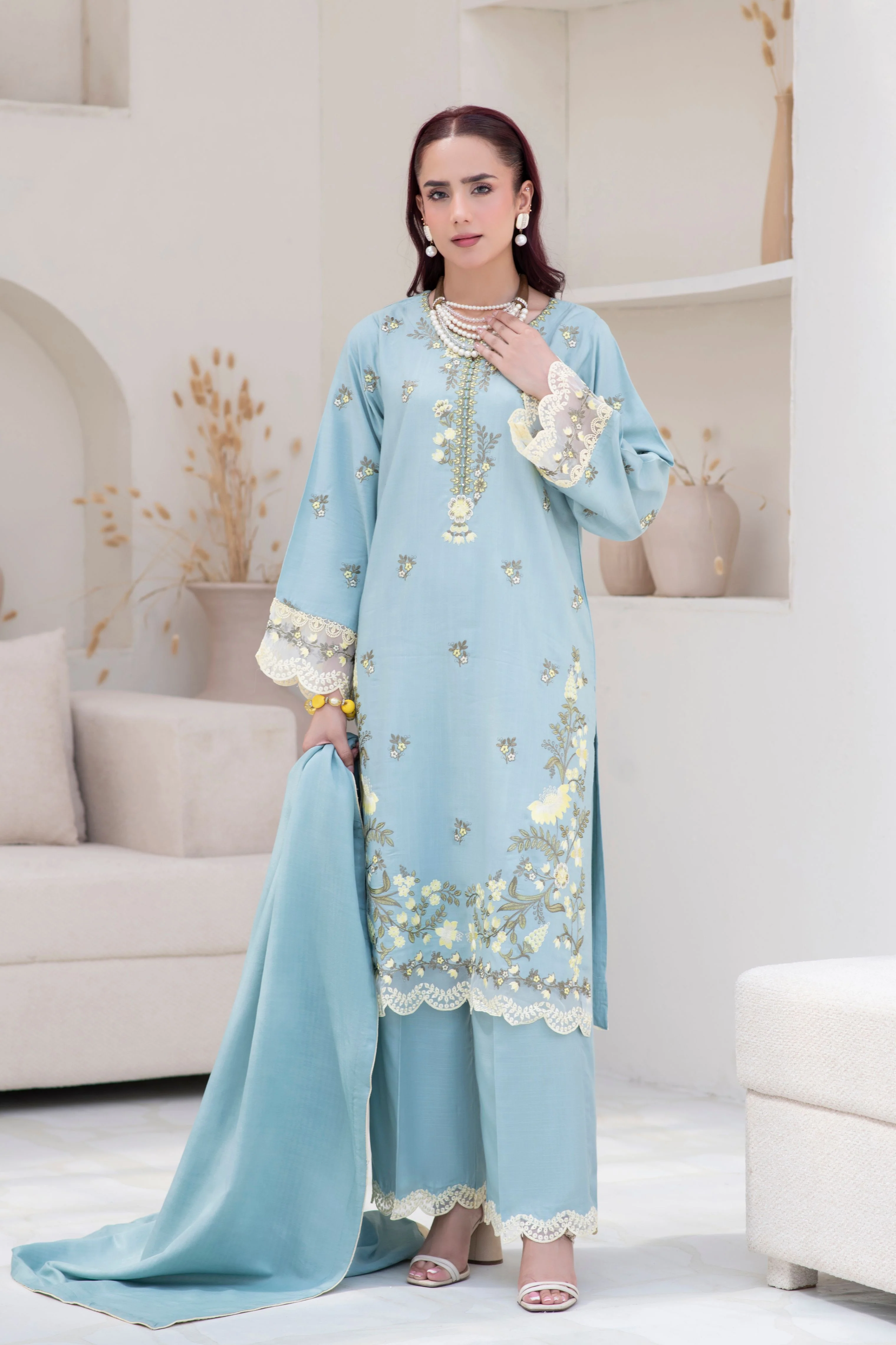 Motif Slub Linen Embroidered Suit-051 - Image 2