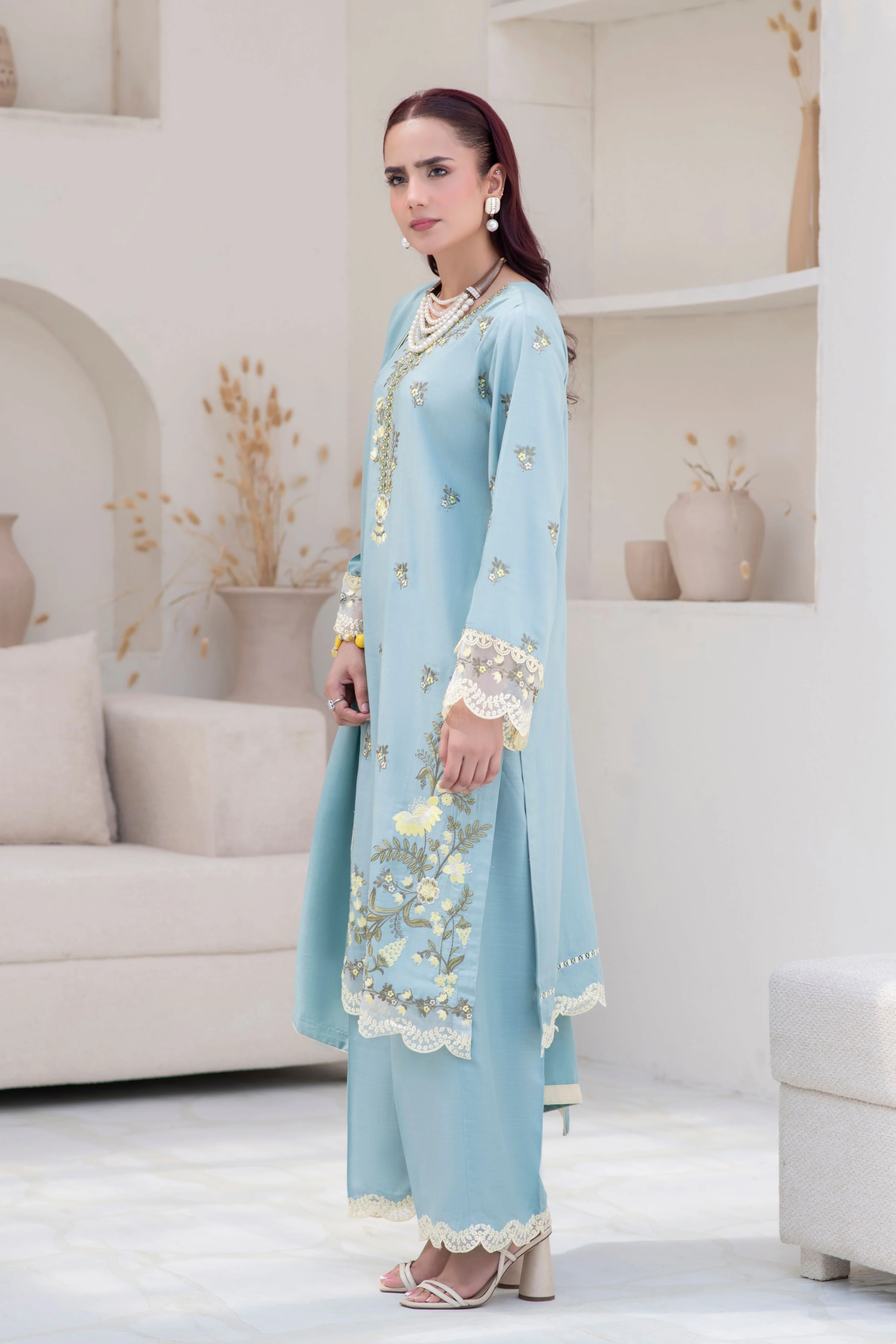 Motif Slub Linen Embroidered Suit-051 - Image 3